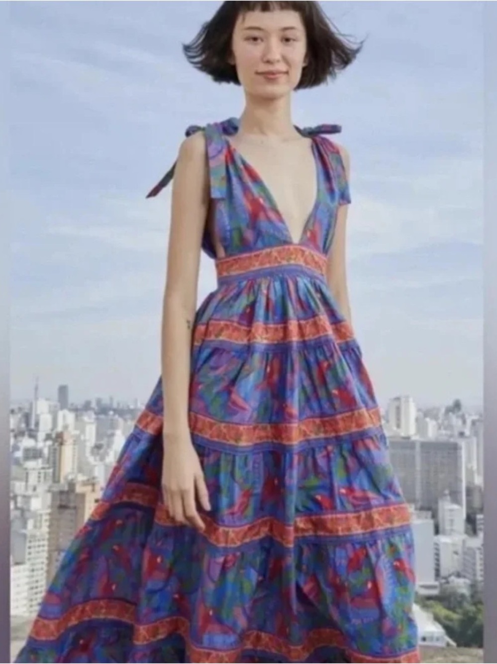 House of Harlow 1960 Tahiti Parrot Tiered Midi Dress Blue Boho V-Neck NWOT Sz. M